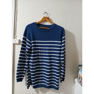 MEROKEETY Blue White Stripe Crew Neck Long Sleeve Sweater Knit Top Women M